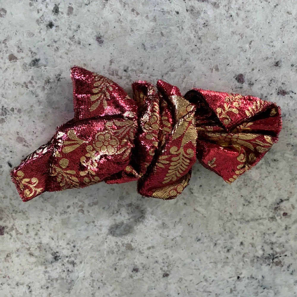 Vintage Large Red & Gold Multicolored Fabric Hair Bow Silky Clip Barrette